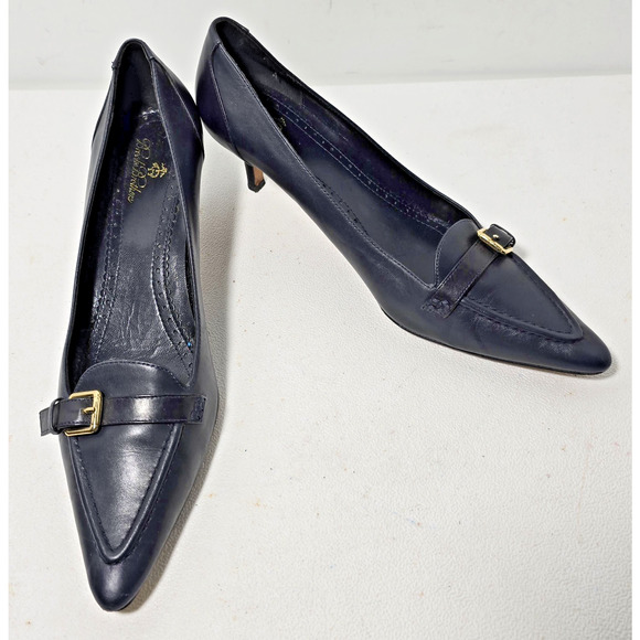 BROOKS BROTHERS Leather 7.5 Kitten Heels Buckle Pointed Toe Italy Bluish Black - Picture 1 of 12